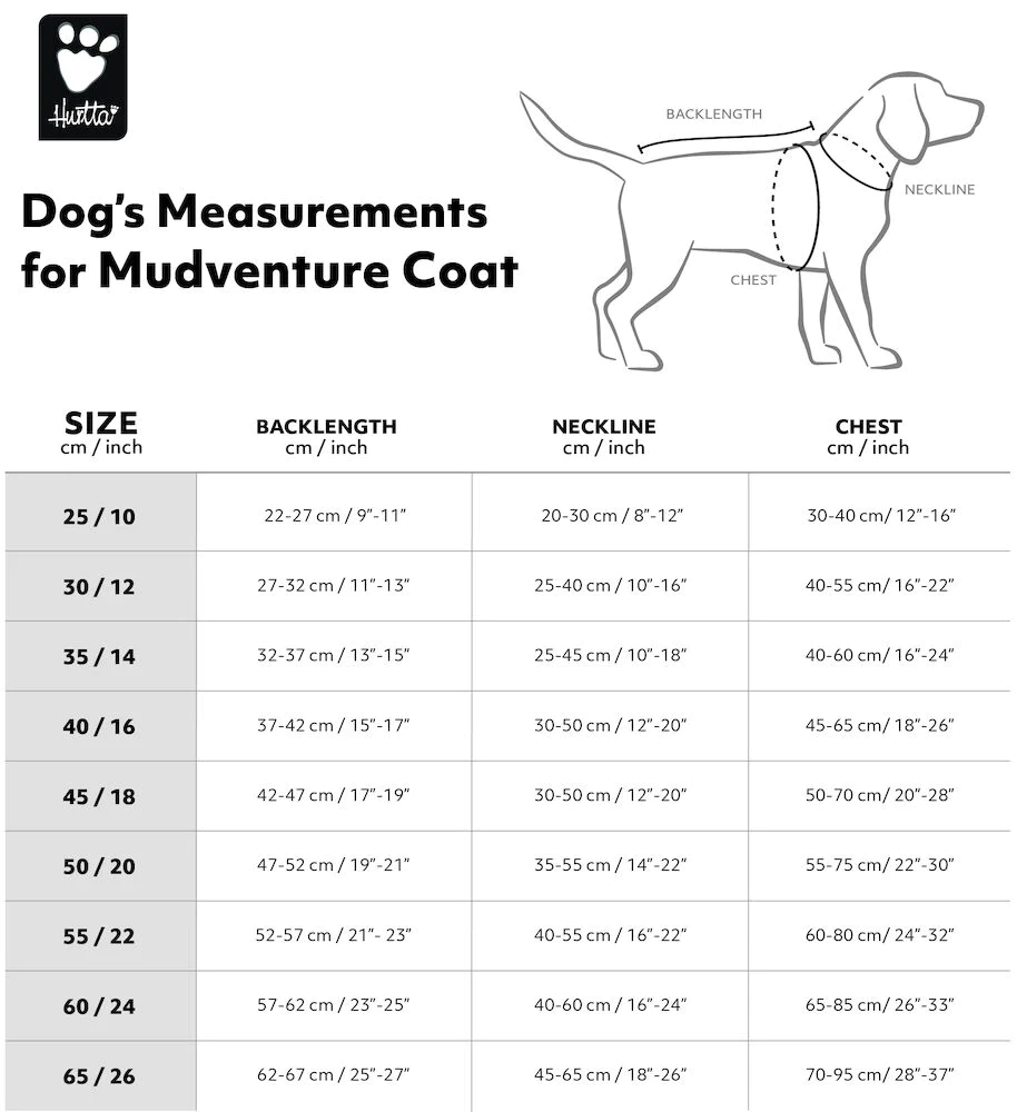 Mudventure Dog Coat Eco - Size guide